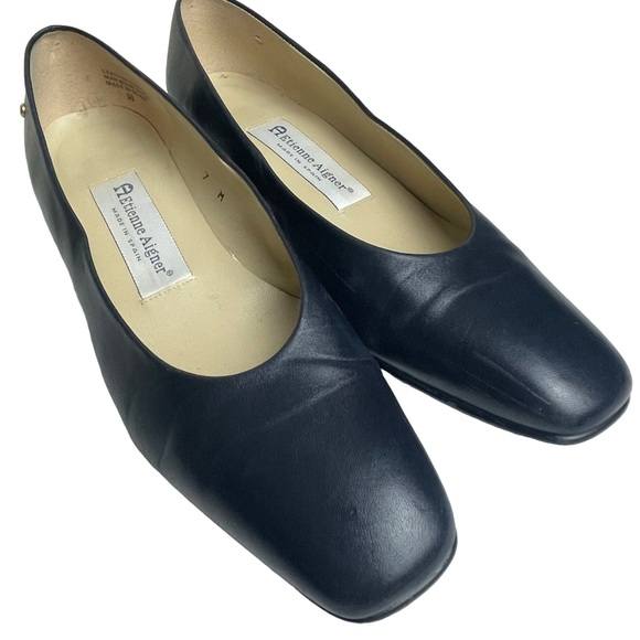 ETIENNE AIGNER Sarah Dark Navy Squared Toe Leather Low Heel Pumps - Size 7 M - Picture 3 of 16